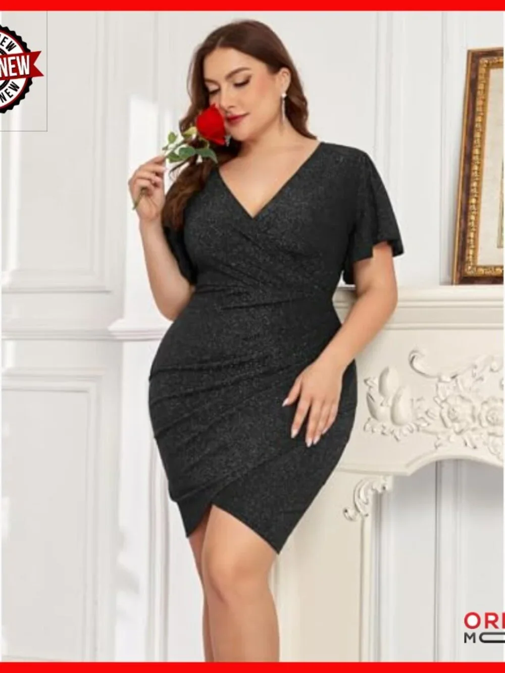 Plus Size Glitter Ruched Bodycon Mini Dress with Ruffle Sleeves Cocktail Party